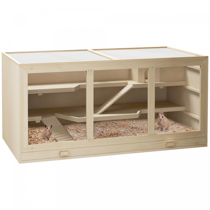 Pawhut Wooden Hamster Cage, Mouse Mice Rat Cage Small Animal Cage, 3 Tier Exercise Play House With Slide, Tray, Natural Wood
