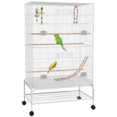 Pawhut 52" Bird Cage For Budgies Cockatiels Canaries Lovebirds Finches With Rolling Stand, Toys, Removable Tray, Storage Shelf, White