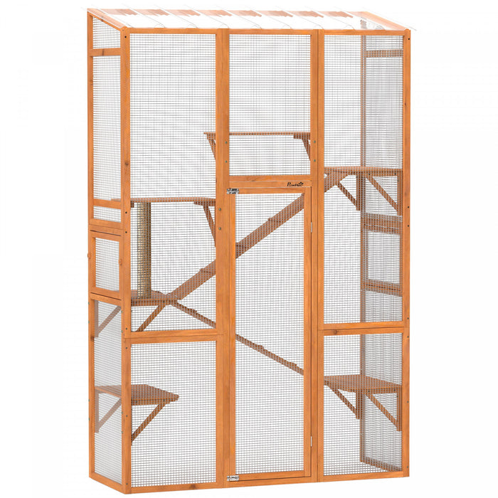Pawhut Catio Outdoor Cat Enclosure, Large Wooden Cat House With 6 Jumping Platforms, Scratching Post, 2 Ramps, Waterproof Roof, Outdoor Cat Cage For 2-3 Kittens, 64\" X 24\" X 99\"