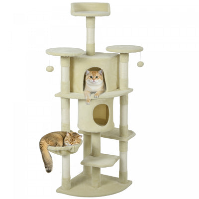 PawHut Cat Tree, 62" Multi-Level Cat Tower with Scratching Posts, 2 Condos, Hammock, Perches, Plush, Pompoms, for Indoor Kittens Playing, Resting, Sleeping, Beige