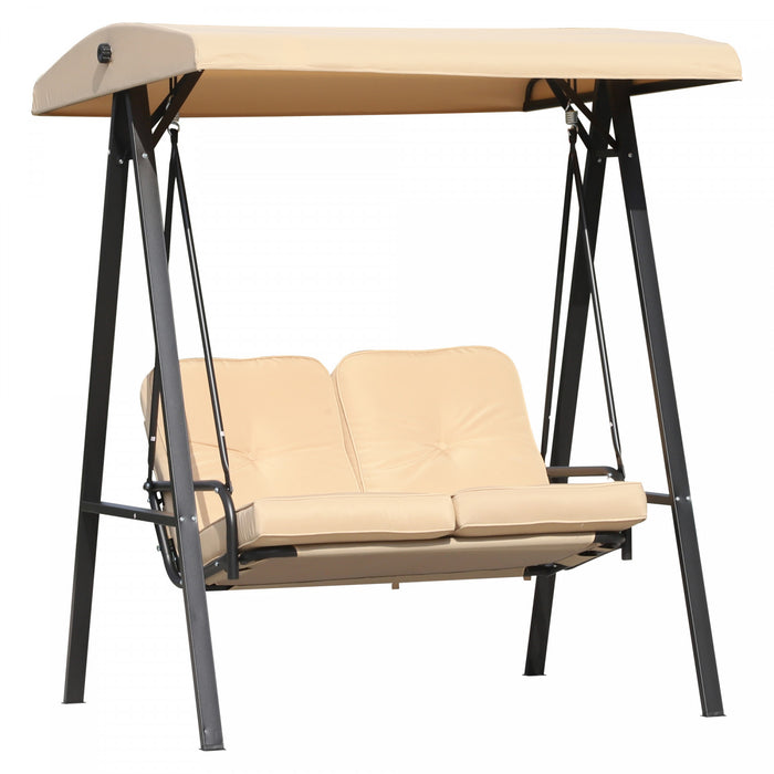 Outsunny 2 Seater Covered Outdoor Swing Chair Porch Swing Bench Lounger Hammock With Removable Cushion Tilt Canopy, Beige