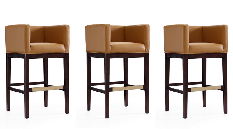 Kingsley Mid-Century Modern Wood Upholstered Barstool in Camel - Set of 3