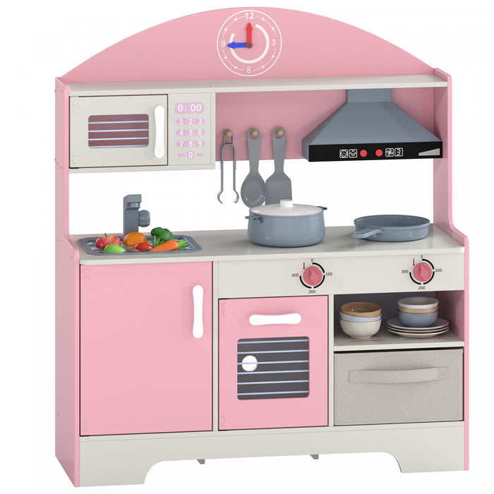 Qaba Wooden Play Kitchen Set for Kids with Real Lights, Sounds, Pretend Toy Play Kitchen Playset with Microwave, Stove, Sink, 5PCs Accessories