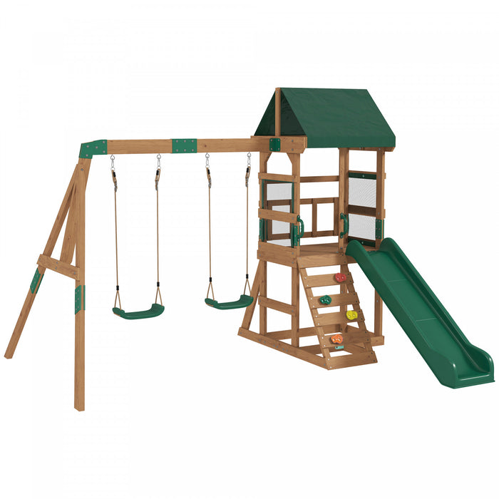 Qaba Wood Swing Set, Outdoor Playset with Slide, 2 Swings, Rock Wall and Covered Upper Deck, Kids Outdoor Playground