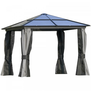 Outsunny 10' X 10' hardtop Gazebo Canopy With Polycarbonate Roof, Aluminum Frame, Permanent Pavilion Outdoor Gazebo With Netting And Curtains, For Garden, Patio, Backyard