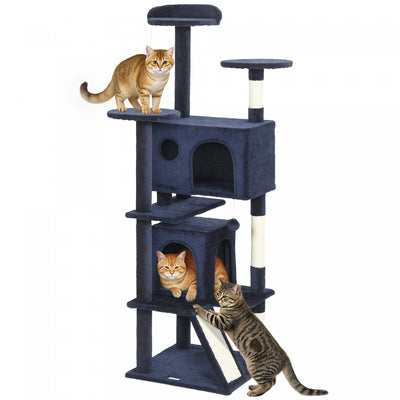 PawHut 63" Cat Tree, Cat Tower for Indoor Cats with Scratching Posts, Cat Condos, Bed, Platforms, Ramp, Toy Ball, Cat Activity Center, Dark Blue