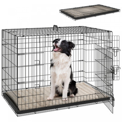 Pawhut Dog Crate, 41" Folding Metal Dog Kennel With 2 Doors, Removable Tray, Soft Cushion, Handle, Pet Cage For Extra Large Dogs, Black