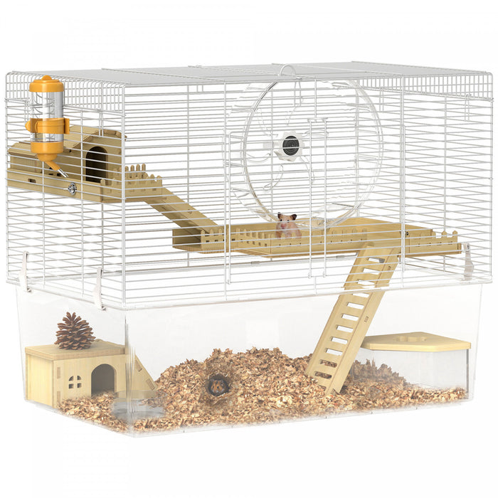 Pawhut Hamster Cage, Transparent Small Animal House With Deep Bottom, Wooden Ramp, Hut, Bathroom And Exercise Wheel For Hamster And Gerbil, 23.2\" L X 14\" W X 18.5\" H, Two Huts