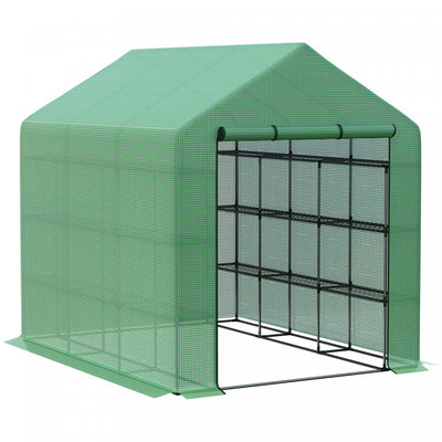 Outsunny 8' X 6' X 7' Portable Walk-in Greenhouse Hot House With 18 Shelves, Water/uv Resistant Weat|Outsunny 8' X 6' X 7' Serre Portative A Eau/uv Avec 18 Etageres, Couverture Et Porte Roulante.