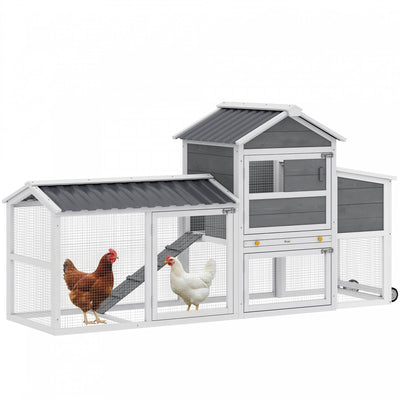 PawHut Chicken Coop with Wheels, 80" L Wooden Chicken Tractor Outdoor Hen House with Run, Nesting Box, Removable Tray, Ramp, Waterproof Poultry Cage for 2-3 Hens, Grey