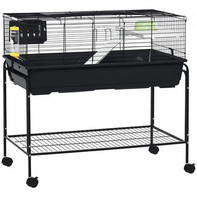 PawHut Small Animal Cage, 36.5" Rolling Guinea Pig Cage with Detachable Stand, Water Dispenser, Food Dish, Ramp, Wheels, for Rabbit, Bunny, Ferret, Chinchilla, Dark Grey