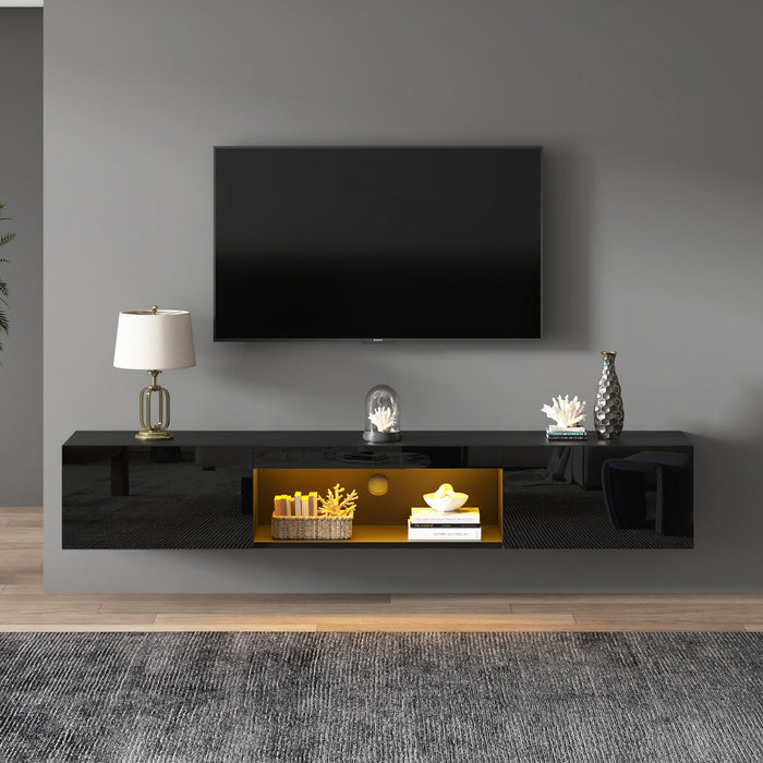 Evan Floating TV Stand with LED Lighting and Storage Doors,Black