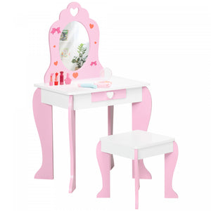 Qaba Kids Vanity Table & Chair Set, Girls Dressing Set, Make-up Desk With Drawer, Love Heart & Bow Patterns For 3-6 Years Old Children, Pink