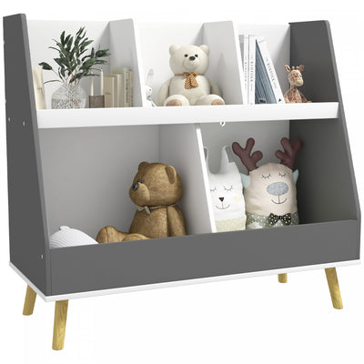 Qaba Toy Storage Organizer, 2 Tier Kids Bookshelf With 5 Compartments, Anti-tip Device, Pine Wood Le|Qaba Organiseur De Rangement Pour Jouets, Bibliotheque Pour Enfants A 2 Niveaux Avec 5 Compartiments