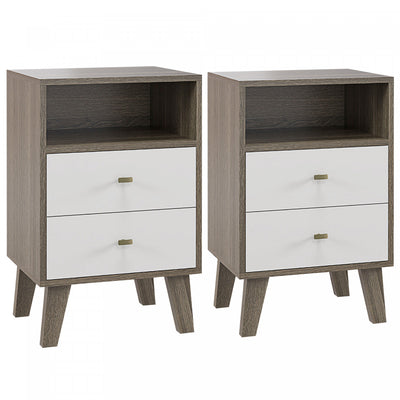 HOMCOM Nightstand Set of 2 Bedside Table with 2 Drawers and Open Storage