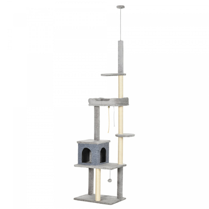 Pawhut Cat Tree Floor To Ceiling Cat Tower Height Adjustable( 85-101 Inches), Tall Large Cat Climbing Activity Center With Scratching Posts Cat Condo Cozy Bed, Grey