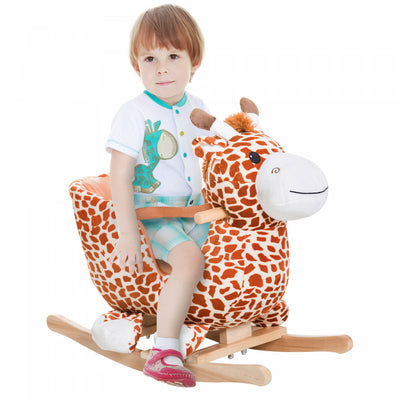 Qaba Wooden Plush Children Kids Rocking Horse Chair For Toddlers With Sound And Safety Belt, Giraffe|Qaba Chaise De Cheval A Bascule En Bois Pour Enfants En Peluche Pour Tout-petits Avec Ceinture Sonor