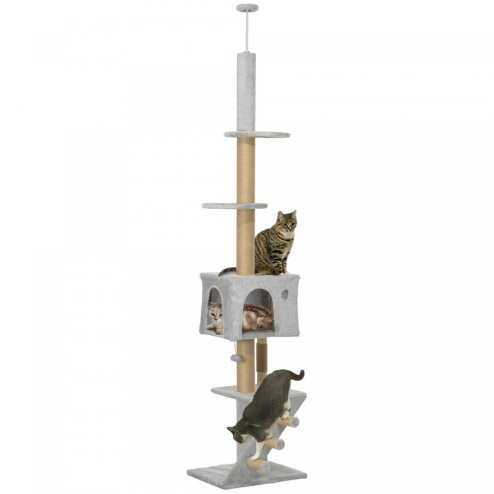 Pawhut Floor To Ceiling Cat Tree For Large Cats Adult, Cat Tower Adjustable Height 89\"-104\" W/ Scratching Post, Cat House, 3-steps, Hanging Ball, Perches, Anti-tip Kit, Light Grey