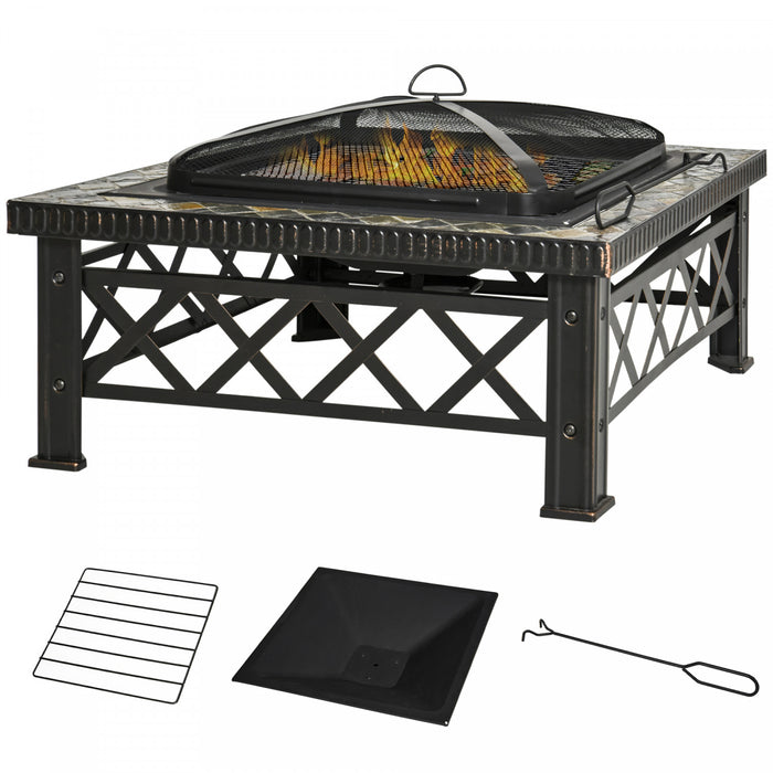 Outsunny 30\" Outdoor Steel Square Firepit Square Stove With Spark Screen Cover, Log Grate, Poker, Grill Net For Patio