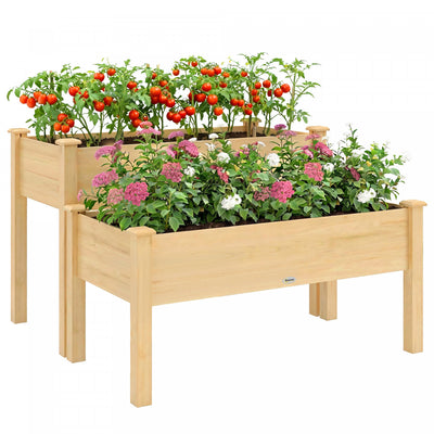 Outsunny 2 Tiers Raised Garden Bed, Wooden Elevated Planter Box, Natural