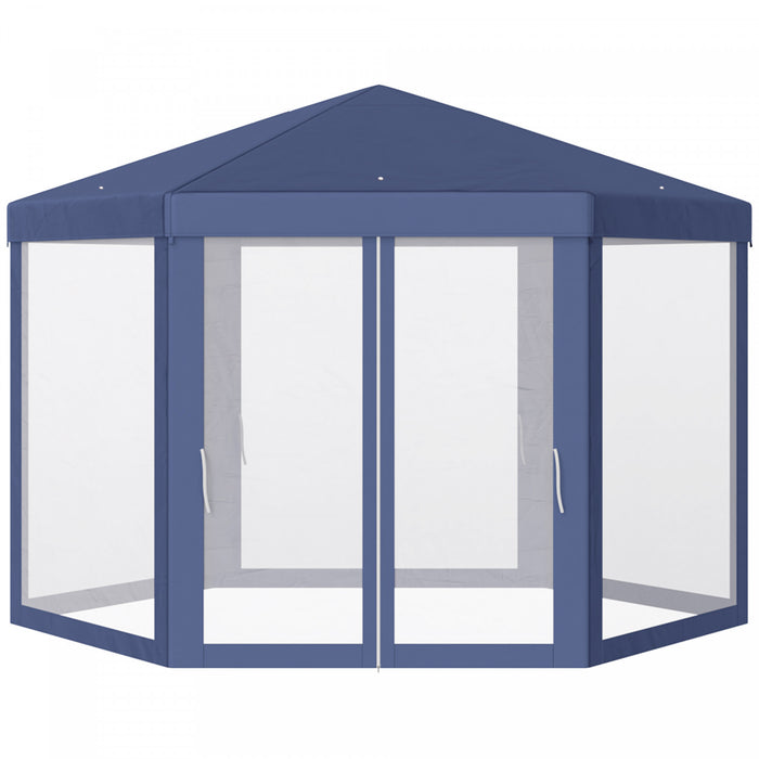 Outsunny Φ13' Hexagon Party Tent Patio Gazebo Outdoor Activity Event Canopy Quick Sun Shelter Pavilion With Netting Mesh Sidewall Blue