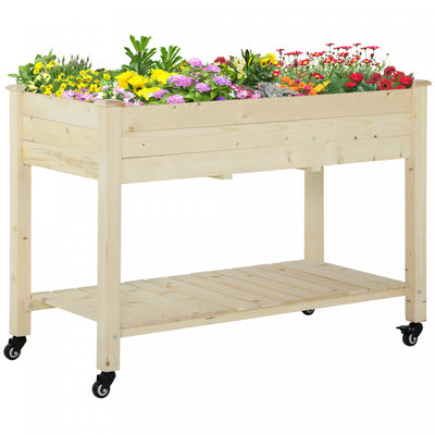 Outsunny Raised Garden Bed Mobile Elevated Wood Planter Box W/ Lockable Wheels, Storage Shelf For He|Outsunny Jardiniere Surelevee Surelevee Pour Jardiniere Mobile En Bois Avec Roues Verrouillables, Et