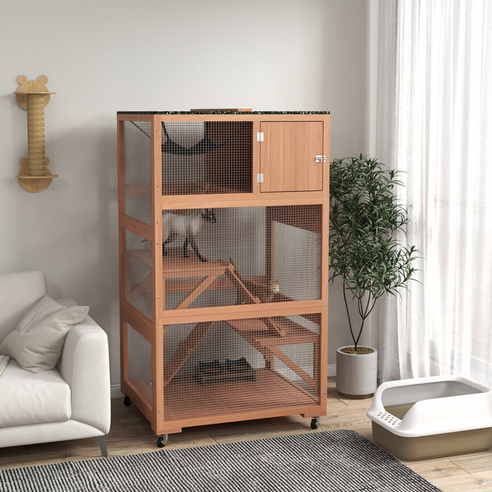 Pawhut 66\"h Catio On Brake Wheel, Indoor Outdoor Cat Enclosure Cage With Weatherproof Roof Hammock Multiple Platforms Resting Condo Ramps Lockable Doors, For 1-3 Cats, Orange