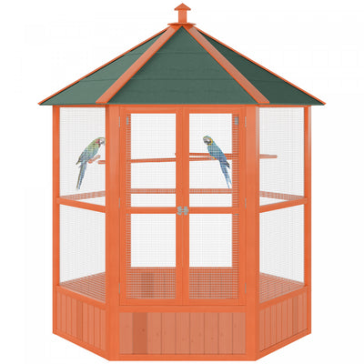 Pawhut Bird Cage, 70"h Wooden Parrot Cage, Large Hexagonal Outdoor Aviary With Asphalt Roof, Doors, Brown