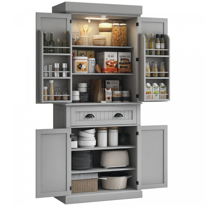 HOMCOM 71\" Kitchen Pantry Cabinet with Spice Racks and LED Lights, Grey