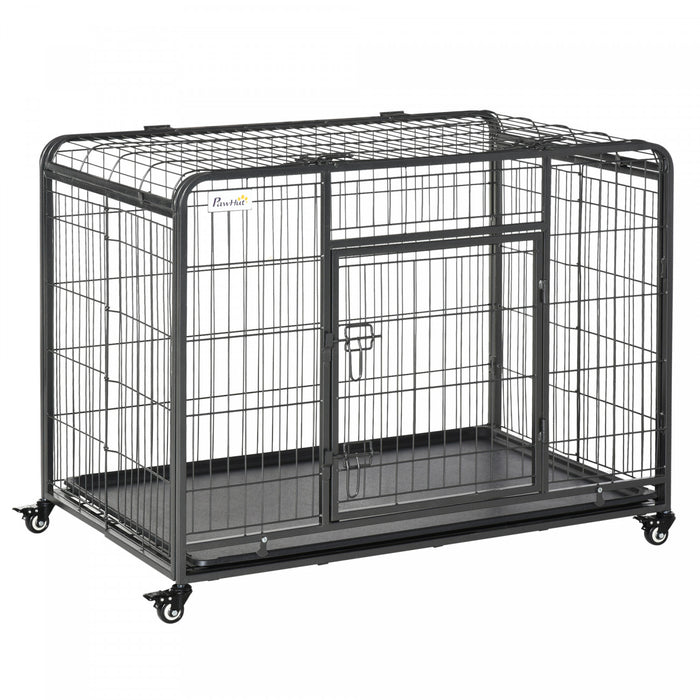 Pawhut Folding Heavy Duty Dog Crate Heavy Duty Cage For Large Sized Dogs With Double Doors, Lockable Wheels Tray, 43\" X 28\" X 31\"