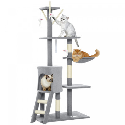 PawHut Cat Tree, 53" Cat Tower for Indoor Kittens with Sisal Scratching Posts, Plush Perches, Condo, Hammock, Ladder, Dangling Toys, Multi-Level Kitty Activity Centre, Grey