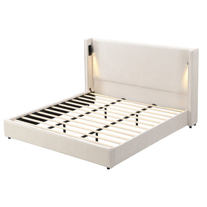 Olivia Upholstered Bed with Wingback Headboard and USB Ports,King Size - Beige