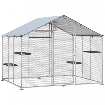 PawHut Large Catio Outdoor Cat Enclosure, Galvanized Steel Walk-in Kitty Cage for Multiple Kittens, with Waterproof Cover, 5 Adjustable Platforms, Hammock, 94.5" W x 76" D x 77" H