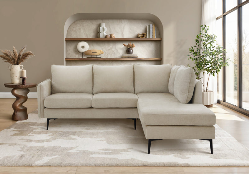 Upholstered Sofa Sectional, 86\" Wide, Beige Fabric, Black Metal Legs Sectional
