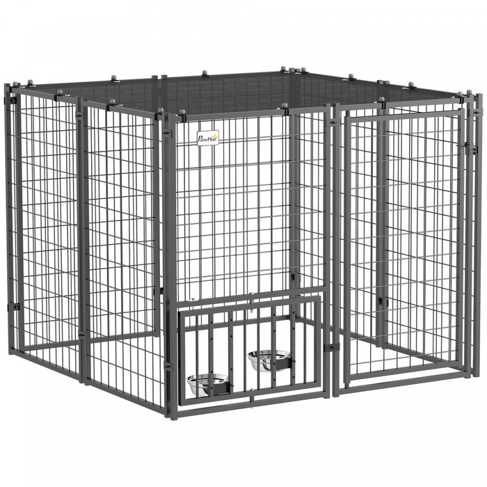 Pawhut Dog Run Outdoor, Welded Wire Outdoor Dog Kennel With 4 Levels Adjustable & Rotatable Dog Bowls, Sun-shade Cover, Secure Lock, For Small And Medium Dogs, 4.6' X 4.6' X 3.7'