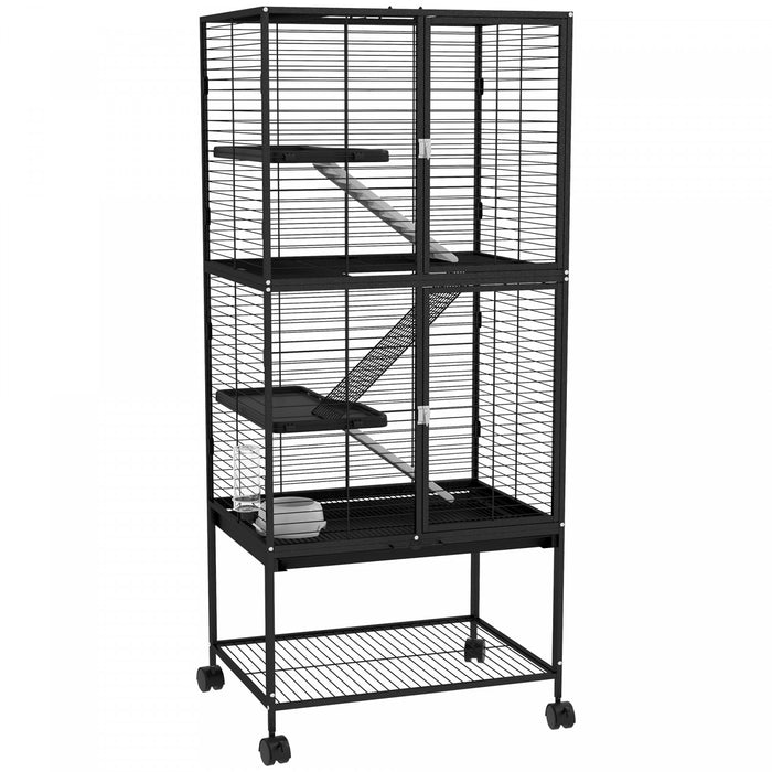 Pawhut Small Animal Cage With Wheels, Pet Playpen For Rat, Kitten, Ferrets, Chinchillas With Bottom Storage Shelf, Removable Tray, Ramp, 24.2\" X 17.9\" X 53.5\", Black