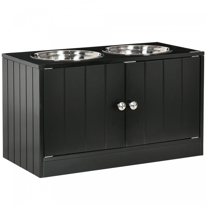 Pawhut Elevated Dog Bowls For Large Dogs Pet Feeding Station With Stand, Storage, 2 Stainless Steel Food And Water Bowls, Black, 23.6\" X 11.8\" X 14\"
