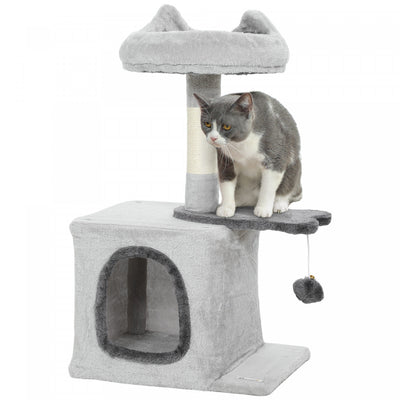 PawHut Cat Tree, 28" Cat Tower for Indoor Kittens with Plush Top Bed, Cozy Condo, Sisal Scratching Post, Perch, Dangling Ball, Light Grey