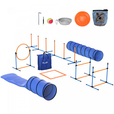 PawHut Dog Agility Training Equipment, 11PCS Dog Obstacle Course Starter Kit with 2 Tunnels, Adjustable Jumps & Ring, Weave Poles, Pause Box, Treat Bag, Bowl, Toys and Carrying Bag