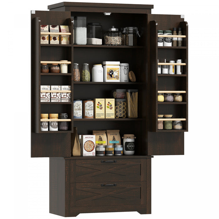 HOMCOM 64\" Kitchen Pantry Cabinet Storage Cabinet with Doors Drawers, Brown