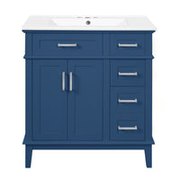 Savannah 30 Inch Bathroom Vanity with Ceramic Sink and Spacious Storage Cabinet, Navy Blue