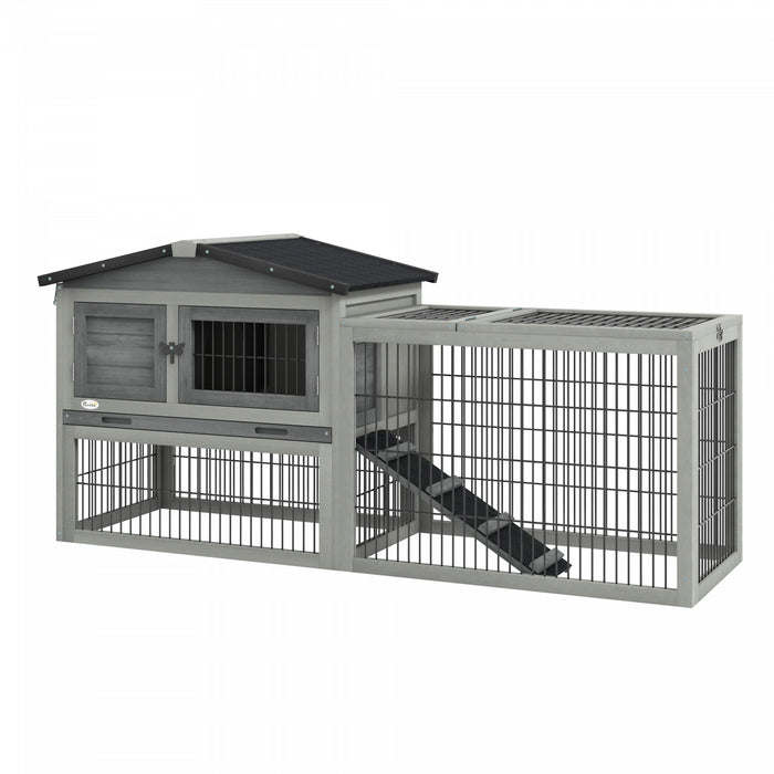 Pawhut Solid Wood Rabbit Hutch Bunny Cage Pet Guinea Pig House Outdoor Small Animal Habitat W/ Ramp, Weather-resistant Asphalt Openable Roof, Pull-out Tray, Light Grey