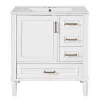 Emerson 30 Inch Bathroom Vanity with Ceramic Sink and Three Drawers, White 