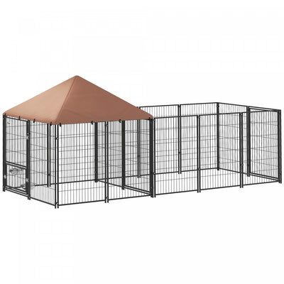 Pawhut Outdoor Dog Kennel, Dog Run Outdoor With Rotating And Adjustable Height Bowls, Waterproof Uv-resistant Cover, Secure Lock, 11.3' X 4.7' X 5.1'