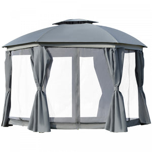 Outsunny 12' X 12' Round Outdoor Gazebo, Patio Double Soft Top Gazebo Canopy Shelter With Zipper Netting Sidewalls And Removable Curtains For Garden, Patio, Backyard, Dark Grey