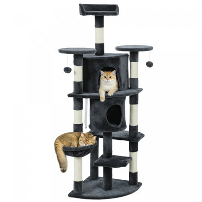 PawHut Cat Tree, 62" Multi-Level Cat Tower with Scratching Posts, 2 Condos, Hammock, Perches, Plush, Pompoms, for Indoor Kittens Playing, Resting, Sleeping, Dark Grey