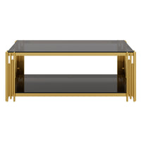 Aria 47.5 Inch Modern Rectangular Coffee Table with Asymmetrical Gold Frame and Mirror Top, Black 