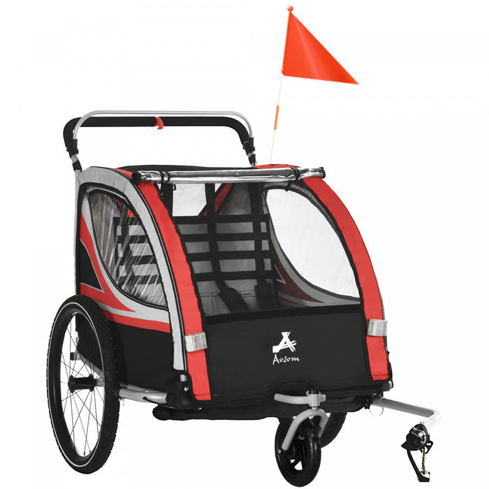 Aosom Baby Bike Trailer for Kids 2 Seater, 3-in-1 Walk/Jog/Ride High-Visibility Bike Stroller for Toddler Wagon, Weather-Strong Double Bicycle Trailer Accessory for Kids, Red
