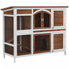 PawHut 49\"L Wooden Rabbit Hutch, Two Story Bunny Cage with Ramp, Divider, Indoor Outdoor Guinea Pig Cage with Openable Roof and Slide-Out Tray, Brown