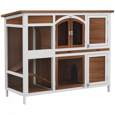 PawHut 49"L Wooden Rabbit Hutch, Two Story Bunny Cage with Ramp, Divider, Indoor Outdoor Guinea Pig Cage with Openable Roof and Slide-Out Tray, Brown
